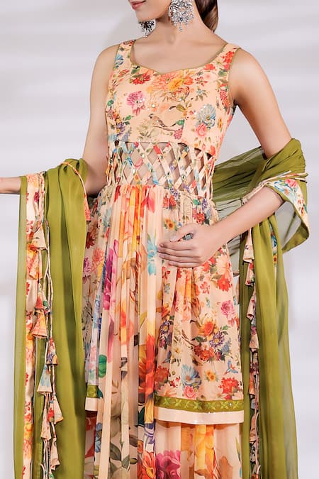 Buy_Jubinav Chadha_Multi Color Georgette, Cotton, Silk Floral Print Overlap Panel Anarkali Pant Set _Online_at_Aza_Fashions