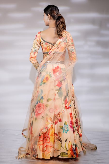 Shop_Jubinav Chadha_Multi Color Crepe, Net Embroidery V-neck Blossom Print Lehenga Set _at_Aza_Fashions