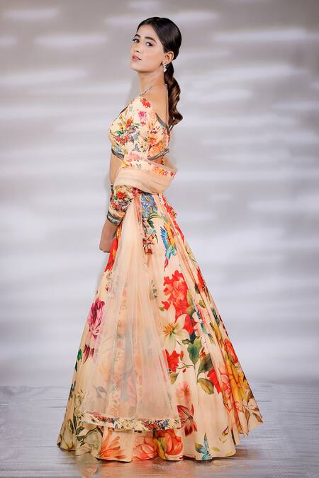 Jubinav Chadha_Multi Color Crepe, Net Embroidery V-neck Blossom Print Lehenga Set _Online_at_Aza_Fashions