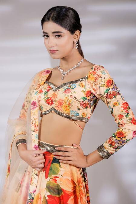 Buy_Jubinav Chadha_Multi Color Crepe, Net Embroidery V-neck Blossom Print Lehenga Set _Online_at_Aza_Fashions