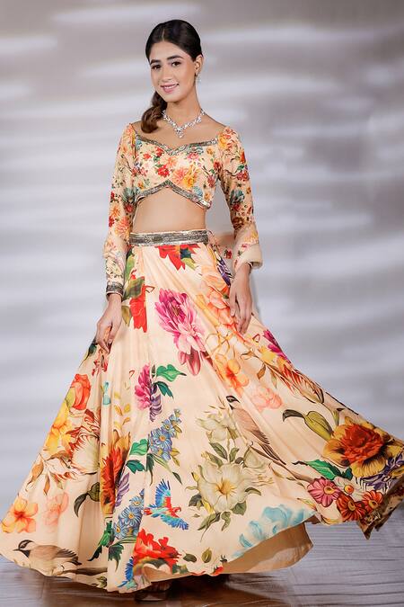 Shop_Jubinav Chadha_Multi Color Crepe, Net Embroidery V-neck Blossom Print Lehenga Set _Online_at_Aza_Fashions