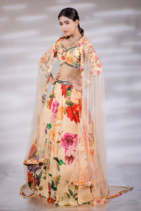 Jubinav Chadha_Multi Color Crepe, Net Embroidery V-neck Blossom Print Lehenga Set _at_Aza_Fashions