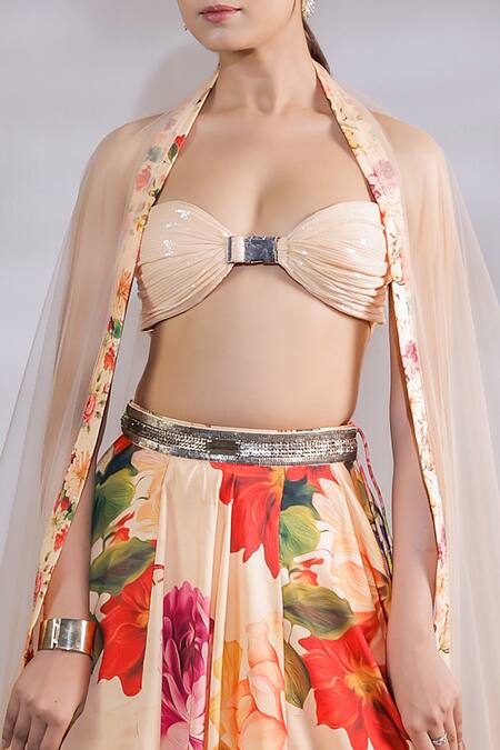 Jubinav Chadha_Multi Color Georgette, Net, Crepe Sequins Floral Bouquet Print Lehenga Set _Online_at_Aza_Fashions