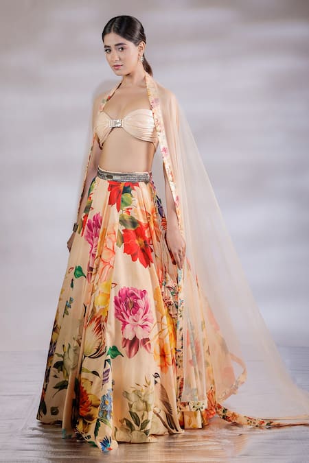 Buy_Jubinav Chadha_Multi Color Georgette, Net, Crepe Sequins Floral Bouquet Print Lehenga Set _Online_at_Aza_Fashions