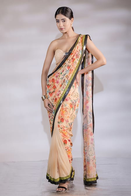 Jubinav Chadha Multi Color Georgette Printed Floral Sweetheart Pre Draped Saree With Blouse 