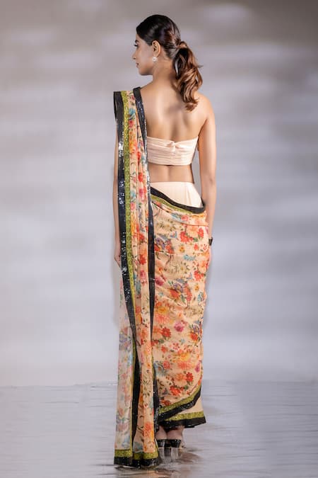 Shop_Jubinav Chadha_Multi Color Georgette, Silk Sequins Floral Print Pre Draped Saree With Blouse _at_Aza_Fashions