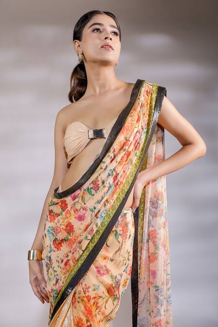 Jubinav Chadha_Multi Color Georgette, Silk Sequins Floral Print Pre Draped Saree With Blouse _Online_at_Aza_Fashions