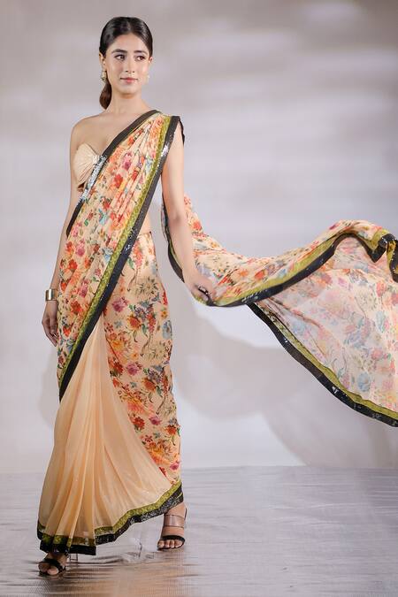 Buy_Jubinav Chadha_Multi Color Georgette, Silk Sequins Floral Print Pre Draped Saree With Blouse _Online_at_Aza_Fashions