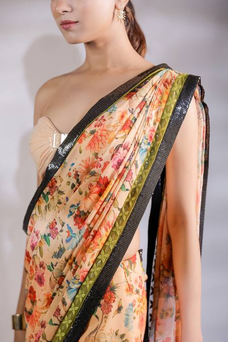 Shop_Jubinav Chadha_Multi Color Georgette, Silk Sequins Floral Print Pre Draped Saree With Blouse _Online_at_Aza_Fashions