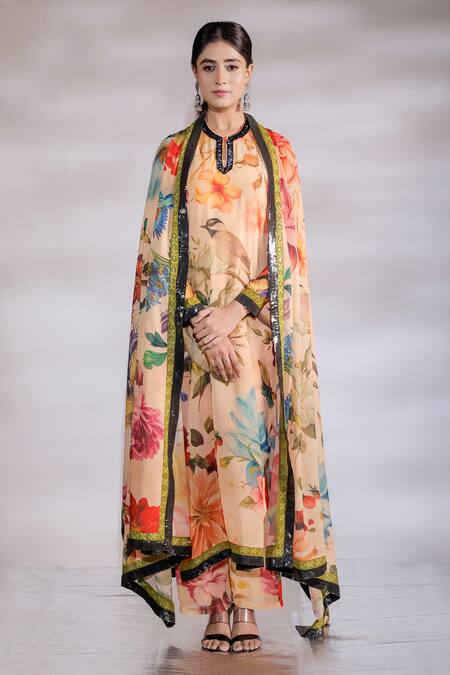 Buy_Jubinav Chadha_Multi Color Georgette Split V-neck Fauna Print Kurta Pant Set _Online_at_Aza_Fashions