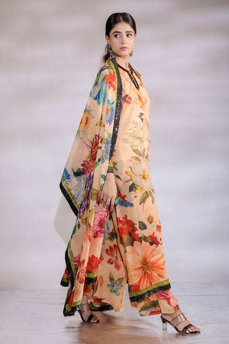 Shop_Jubinav Chadha_Multi Color Georgette Split V-neck Fauna Print Kurta Pant Set _Online_at_Aza_Fashions