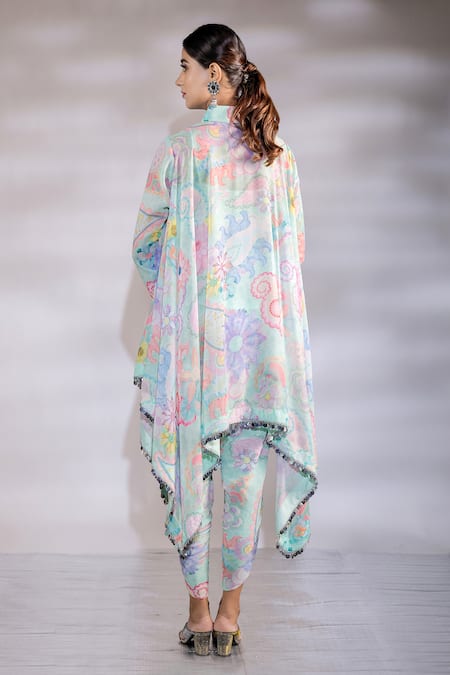 Shop_Jubinav Chadha_Green Georgette Sequins Mandarin Floral Print Asymmetric Kurta With Dhoti Pant _at_Aza_Fashions