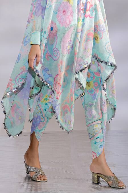Jubinav Chadha_Green Georgette Sequins Mandarin Floral Print Asymmetric Kurta With Dhoti Pant _Online_at_Aza_Fashions
