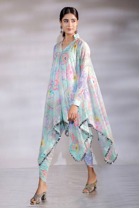 Buy_Jubinav Chadha_Green Georgette Sequins Mandarin Floral Print Asymmetric Kurta With Dhoti Pant _Online_at_Aza_Fashions