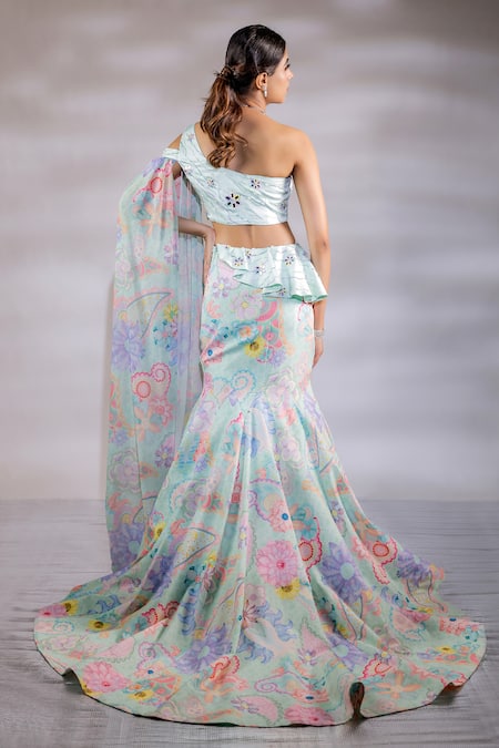 Jubinav Chadha Mermaid Floral Print Lehenga With Draped Blouse 