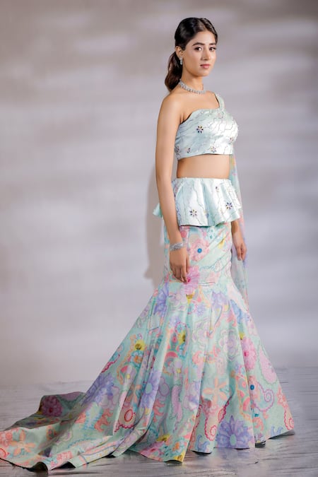 Jubinav Chadha Green Satin, Crepe, Georgette Mermaid Floral Print Lehenga With Draped Blouse Online at Aza Fashions Jubinav Chadha_Green Satin, Crepe, Georgette Mermaid Floral Print Lehenga With Draped Blouse _Online_at_Aza_Fashions