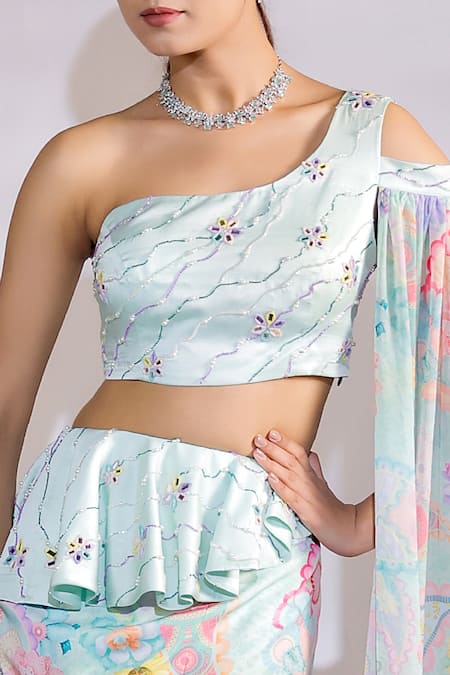 Buy Jubinav Chadha Green Satin, Crepe, Georgette Mermaid Floral Print Lehenga With Draped Blouse Online at Aza Fashions Buy_Jubinav Chadha_Green Satin, Crepe, Georgette Mermaid Floral Print Lehenga With Draped Blouse _Online_at_Aza_Fashions