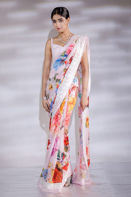 Jubinav Chadha Pink Saree Georgette Printed Floral V-neck Garden With Blouse 