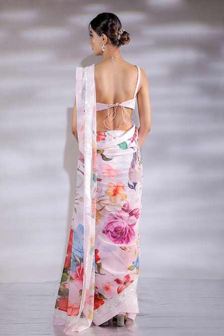 Shop_Jubinav Chadha_Pink Georgette Sequins V-neck Floral Garden Print Saree With Blouse _at_Aza_Fashions