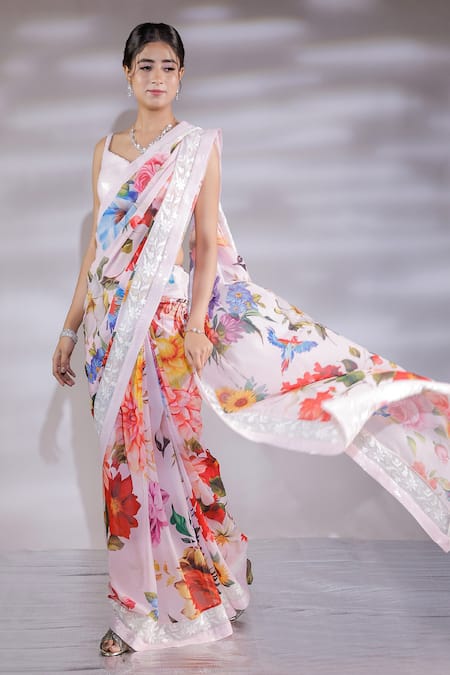 Jubinav Chadha_Pink Georgette Sequins V-neck Floral Garden Print Saree With Blouse _Online_at_Aza_Fashions