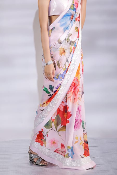 Shop_Jubinav Chadha_Pink Georgette Sequins V-neck Floral Garden Print Saree With Blouse _Online_at_Aza_Fashions