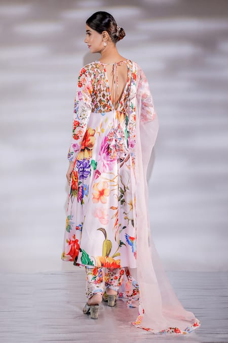 Shop_Jubinav Chadha_Pink Crepe, Silk Organza Embroidery V-neck Floral Print Anarkali Pant Set _at_Aza_Fashions