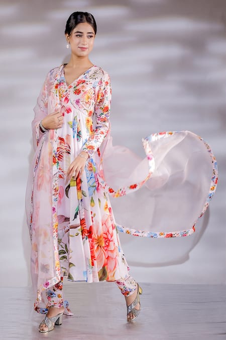 Jubinav Chadha_Pink Crepe, Silk Organza Embroidery V-neck Floral Print Anarkali Pant Set _Online_at_Aza_Fashions