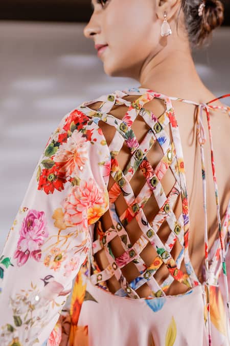 Buy_Jubinav Chadha_Pink Crepe, Silk Organza Embroidery V-neck Floral Print Anarkali Pant Set _Online_at_Aza_Fashions