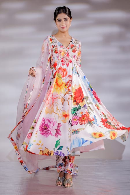 Shop_Jubinav Chadha_Pink Crepe, Silk Organza Embroidery V-neck Floral Print Anarkali Pant Set _Online_at_Aza_Fashions