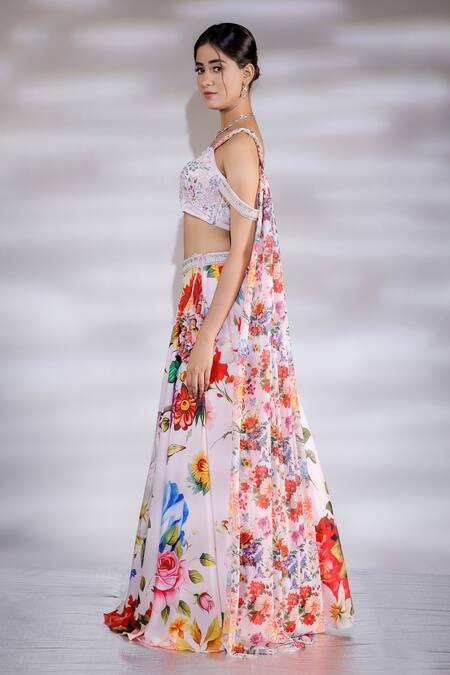 Jubinav Chadha_Pink Satin, Georgette, Crepe Embroidery V-neck Floral Print Lehenga Set _Online_at_Aza_Fashions