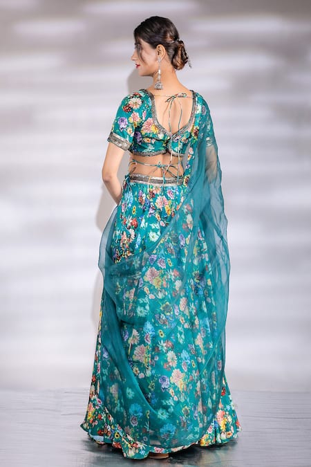 Shop_Jubinav Chadha_Green Crepe, Silk Organza Embroidery V-neck Floral Printed Lehenga Set _at_Aza_Fashions