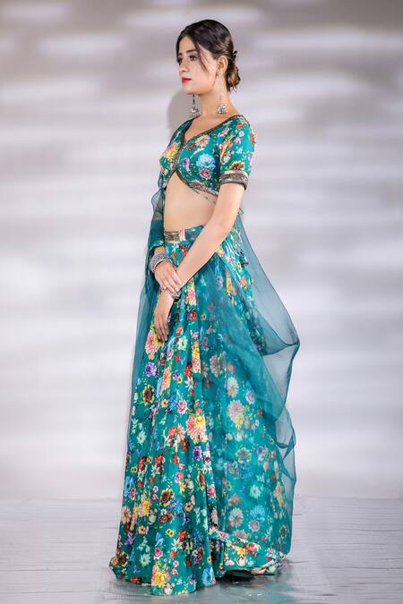 Jubinav Chadha_Green Crepe, Silk Organza Embroidery V-neck Floral Printed Lehenga Set _Online_at_Aza_Fashions