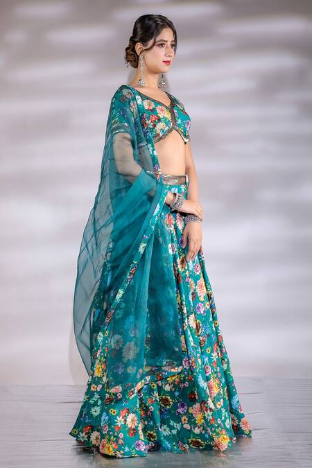 Shop_Jubinav Chadha_Green Crepe, Silk Organza Embroidery V-neck Floral Printed Lehenga Set _Online_at_Aza_Fashions