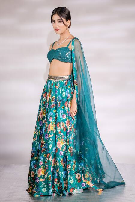 Buy_Jubinav Chadha_Green Georgette, Crepe, Silk Organza Sequins Sweetheart Bagh Print Lehenga Set _Online_at_Aza_Fashions