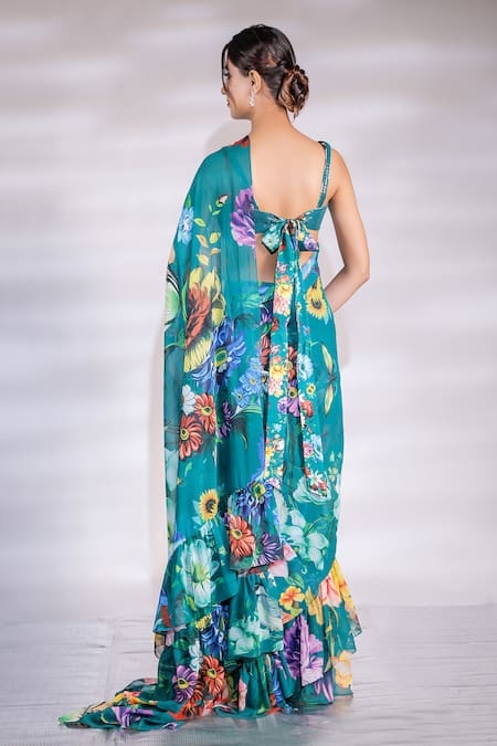 Shop_Jubinav Chadha_Green Georgette, Silk Sequins Flower Print Ruffle Pre Draped Saree With Blouse _at_Aza_Fashions