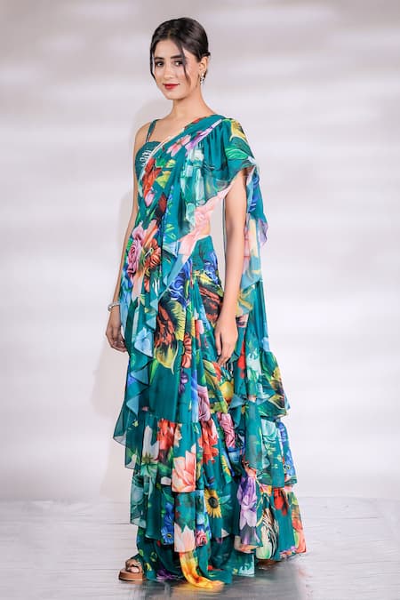 Jubinav Chadha_Green Georgette, Silk Sequins Flower Print Ruffle Pre Draped Saree With Blouse _Online_at_Aza_Fashions