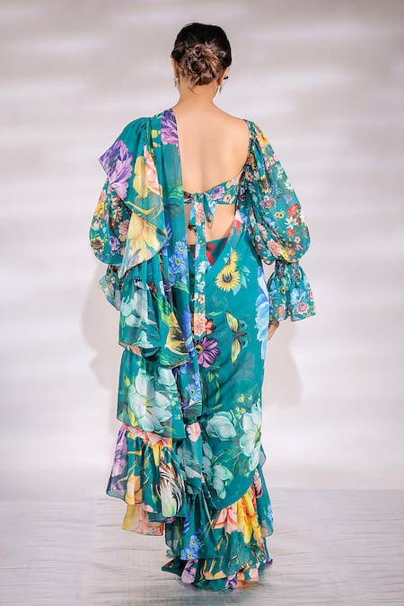 Shop_Jubinav Chadha_Green Georgette Flora And Fauna Print Ruffle Pre Draped Saree With Blouse _at_Aza_Fashions