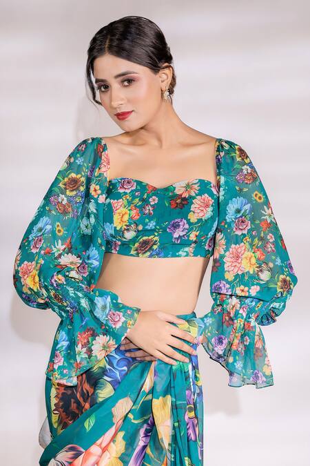 Jubinav Chadha_Green Georgette Flora And Fauna Print Ruffle Pre Draped Saree With Blouse _Online_at_Aza_Fashions