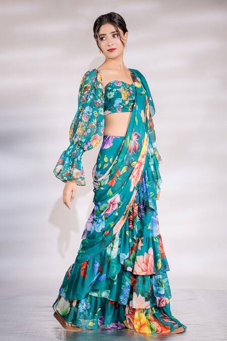 Buy_Jubinav Chadha_Green Georgette Flora And Fauna Print Ruffle Pre Draped Saree With Blouse _Online_at_Aza_Fashions