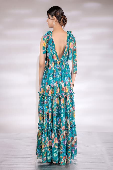 Shop_Jubinav Chadha_Green Georgette Plunge Neck Blossom Print Slit Gown _at_Aza_Fashions