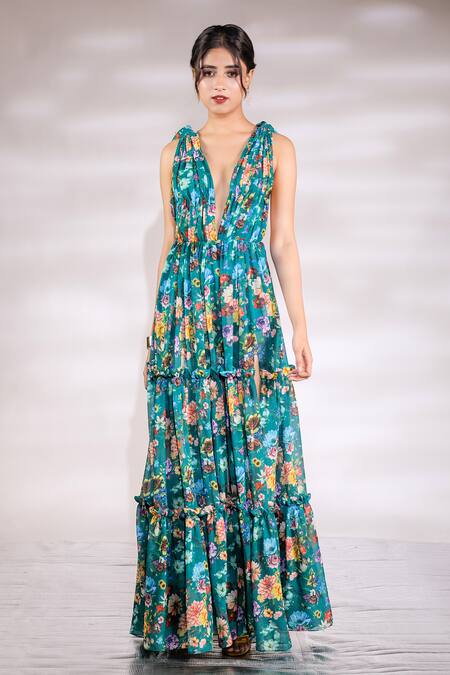 Jubinav Chadha_Green Georgette Plunge Neck Blossom Print Slit Gown _Online_at_Aza_Fashions