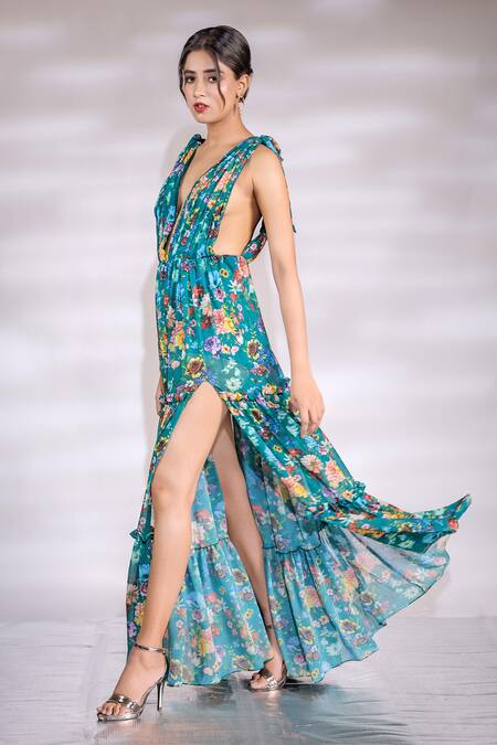 Buy_Jubinav Chadha_Green Georgette Plunge Neck Blossom Print Slit Gown _Online_at_Aza_Fashions