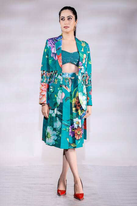 Jubinav Chadha Green Blazer And Skirt Crepe Printed Floral Jacket Lapel Collar Set