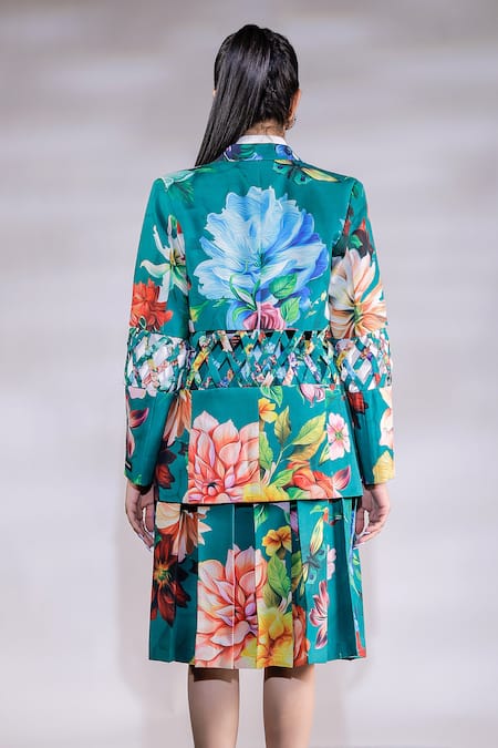 Shop_Jubinav Chadha_Green Crepe, Georgette Embroidery, Sequins Floral Print Blazer Skirt Set _at_Aza_Fashions