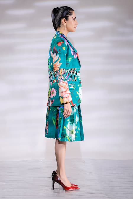 Jubinav Chadha_Green Crepe, Georgette Embroidery, Sequins Floral Print Blazer Skirt Set _Online_at_Aza_Fashions