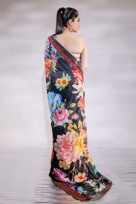 Shop Jubinav Chadha Black Georgette, Satin Sequins, Embroidery Garden Blossom Print Saree Set at Aza Fashions Shop_Jubinav Chadha_Black Georgette, Satin Sequins, Embroidery Garden Blossom Print Saree Set _at_Aza_Fashions