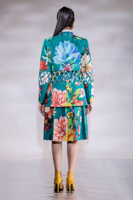 Shop_Jubinav Chadha_Green Crepe Embroidery Collared Cutwork Panel Floral Print Blazer Skirt Set _at_Aza_Fashions