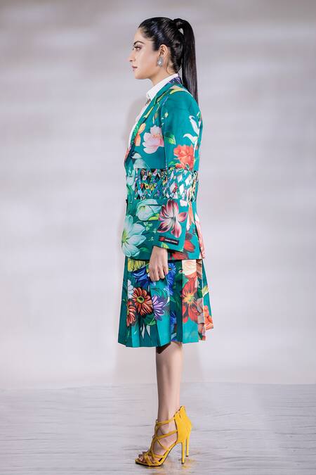 Jubinav Chadha_Green Crepe Embroidery Collared Cutwork Panel Floral Print Blazer Skirt Set _Online_at_Aza_Fashions