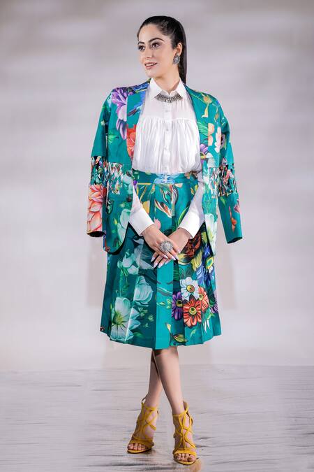 Shop_Jubinav Chadha_Green Crepe Embroidery Collared Cutwork Panel Floral Print Blazer Skirt Set _Online_at_Aza_Fashions