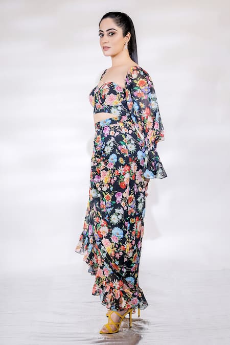 Shop_Jubinav Chadha_Black Georgette Sweetheart Neck Floral Print Puff Sleeve Top With Skirt _at_Aza_Fashions